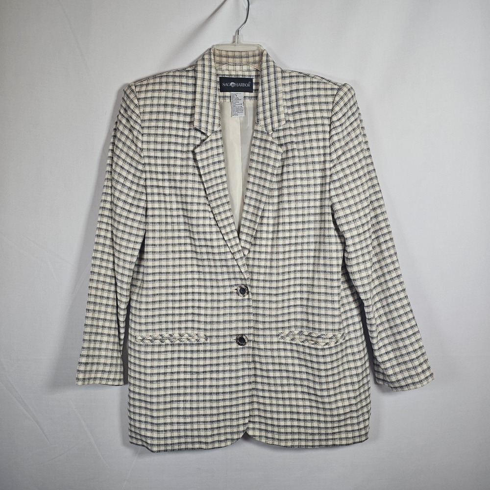 Vintage Blazer Women 8 Plaid Neutral Linen Blend Sag Harbor Jacket Lined Pockets - Picture 2 of 8